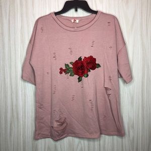 Red Star Rose Appliqué Ripped Mauve Distressed Top